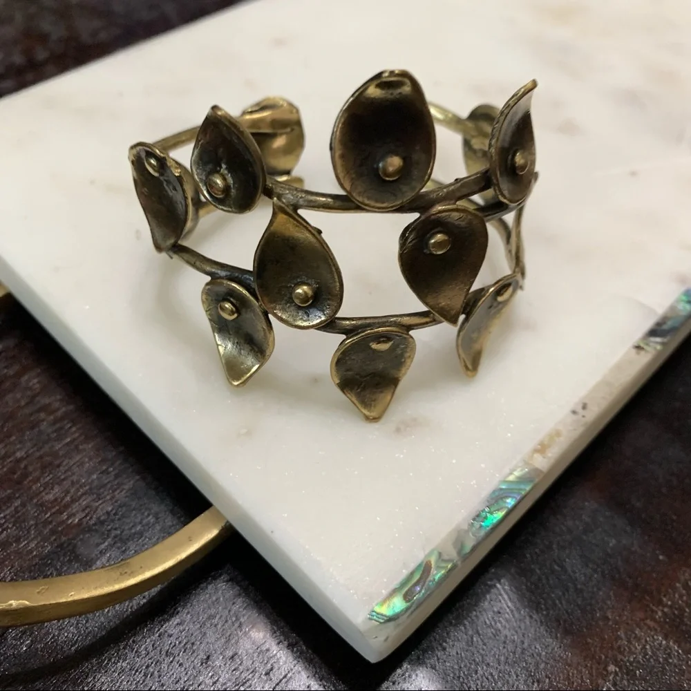 Antique gold abstract leaf cuff bold bracelet